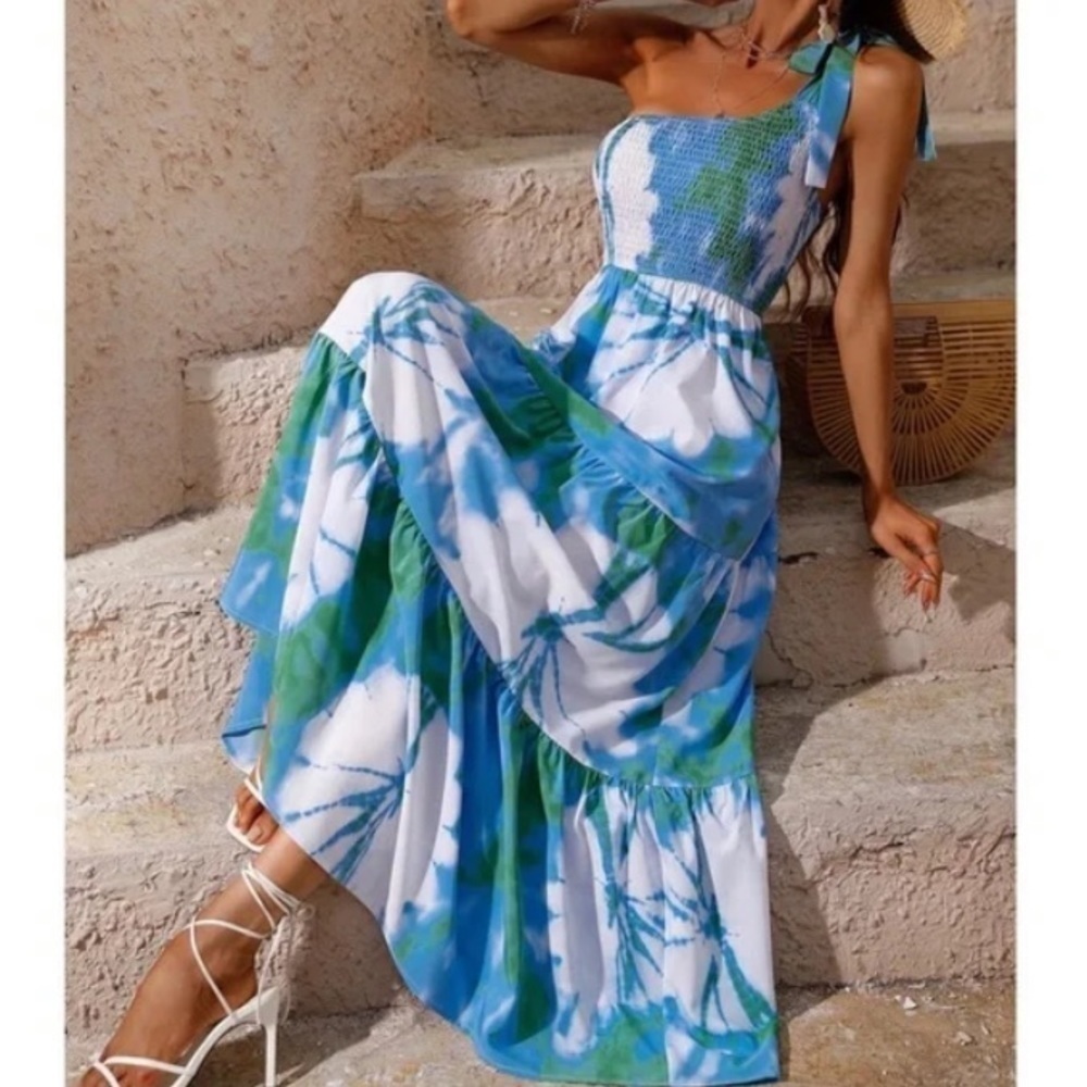 Smocked Tie-Strap Maxi Dress in Blue & Green